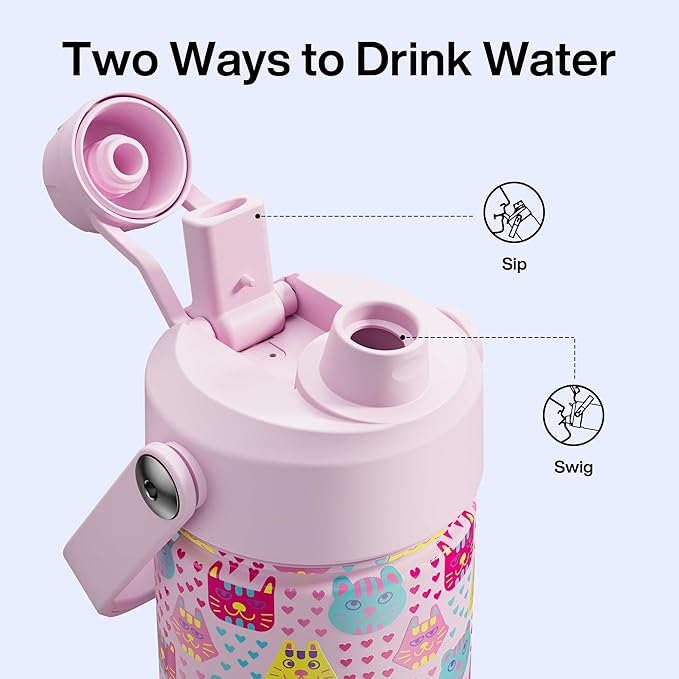 ENCOOL Insulated Water Bottle with Straw Stainless Steel Water Bottle, Leak-Proof, BPA-Free, Double Wall Vacuum Keeps Cold for 24 Hours for Sports, Travel, School (26 oz, Macaron Cat)