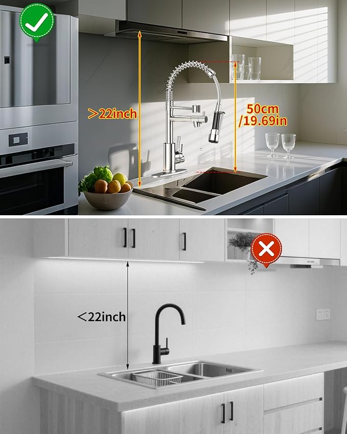 Commercial Pull-Down Kitchen Sink Faucet - Single Handle, Dual Spout, Stainless Steel, with Countertop & Sprayer (Chrome-03)