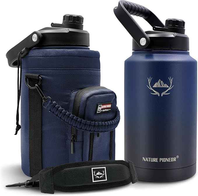 NATURE PIONEOR 1 Gallon Insulated Water Bottle - Double Vacuum Stainless Steel 128 oz Water Bottle with Holder/Carrier, Wide Mouth 1 gallon Water Jug for Outdoor Sports, Hiking, Camping, Gym