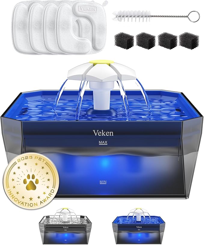 Veken Small Pet-Friendly Cat Water Fountain with Quiet Pump, Easy to Clean & Assemble, 50oz Mini Pet Water Water Dispenser with 4 Replacement Filters & 4 Pre-Filter Sponges, Blue