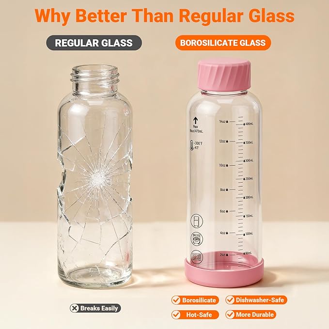 Sursip Glass Juice Bottles 6 Pack 12 oz – Borosilicate Glass Bottles with Lids – Heat-Resistant, Leakproof, BPA Free, Reusable for Juicing, Smoothies, Milk, Protein Drinks, Water