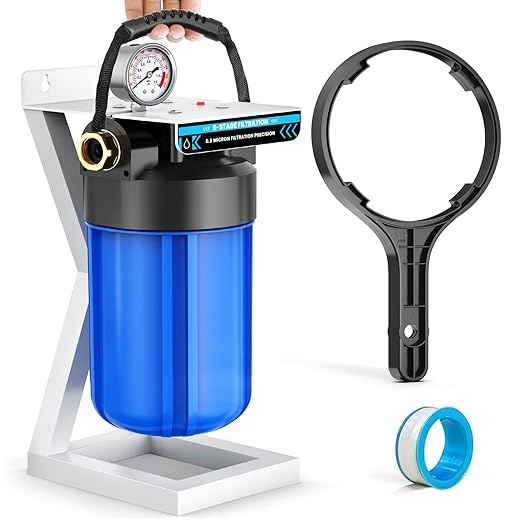6-Layer RV Water Filter with Stand, 0.5 Micron Filtration, 3/4" GHT Metal Threads for RV & Camping,Reduces Sediments, Chlorine, VOCs, Heavy Metals, Bad Taste & Odor