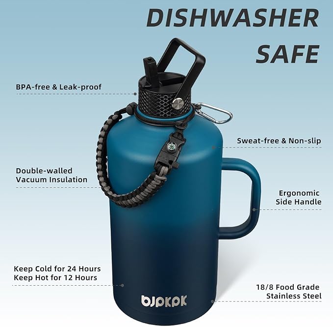 BJPKPK 1 Gallon Water Bottle Insulated with Straw Lid, 128oz Large, Stainless Steel Water Bottles with 3 Lids and Paracord Strap, Double Wall Vacuum Metal Water Jug,Vast