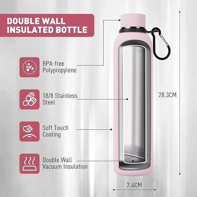 Exllena Slim Insulated Water Bottles for Travel 25oz with Clip, Double Wall Vacuum Stainless Steel Water Bottle Keeps Drinks Cold 24 Hrs/Hot 12 Hrs, 100% Leakproof, BPA Free(Pink)