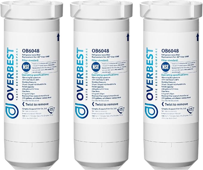 Overbest XWF Refrigerator Water Filter, Replacement for GE® WR17X30702, NSF 42/372 Certified, Compatible with GE® GNE27, GFE26, GDE25, GSS25, PSE25 Series Refrigerators, 3-Pack (No-chip)