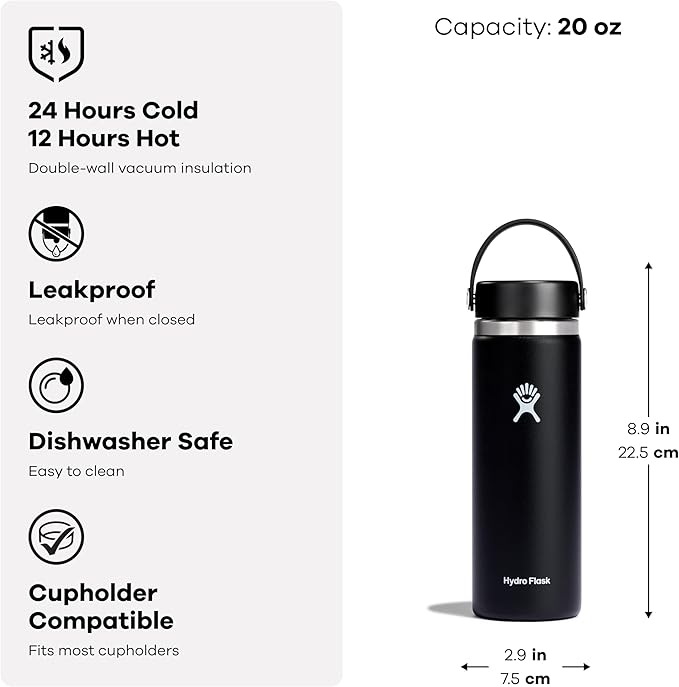 Hydro Flask Water Bottle - Insulated Stainless Steel - Wide Mouth Flex Lid, Non Spill, Leakproof and Refillable in 20 Oz Birch Gray