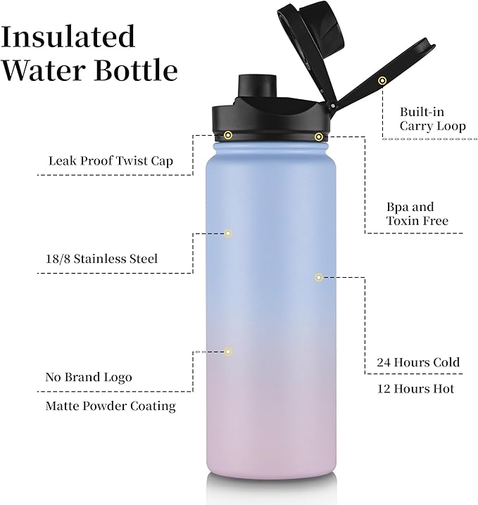 24 oz Insulated Water Bottle Bulk 4 Pack, Stainless Steel Sports Water Bottles with Straw Lid & Wide Mouth Lids, Double Walled Vacuum, Leak Proof, Pink Blue Gradient