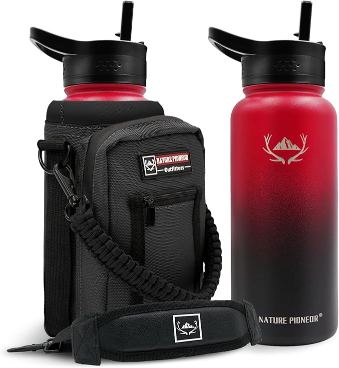NATURE PIONEOR Insulated Water Bottles with Straw - 32oz Stainless Steel Vacuum Bottle with Holder/Carrier/Sleeve - Reusable 18/8 Food Grade 32 oz Water Jug