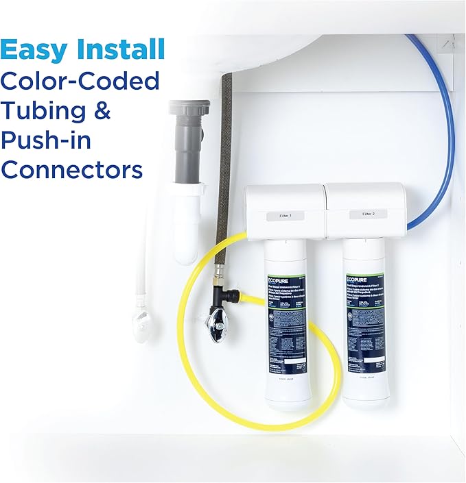 EcoPure ECOP20 2 Stage Under Sink Water Filter System – NSF-Certified to Reduce 58 Contaminants – Clean Drinking Water – Easy Filter Changes – Includes Chrome Faucet & Filters