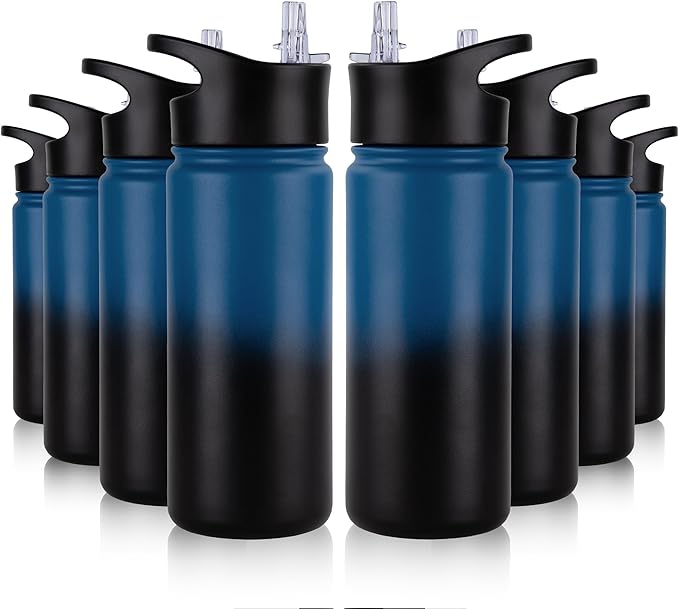 16 oz Insulated Water Bottle Bulk 8 Pack, Straw & Spout Lid, Keep Cold 24H, Spill Proof, BPA-Free, Double Wall, Stainless Steel Kids Water Bottles for School, Sports, Blue Black Gradient