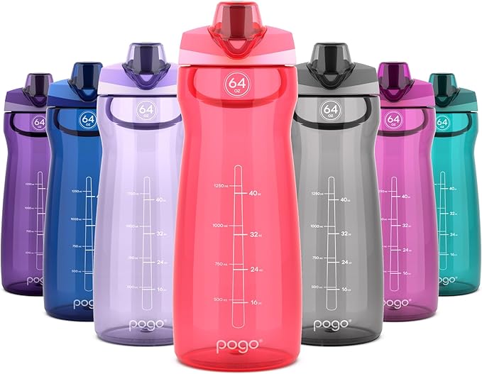 Pogo 64oz Plastic Water Bottle with Leak-Proof Chug Lid and Carry Handle, Reusable, BPA Free, Capacity Markings, Dishwasher Safe, Perfect for Travel, School, Outdoors, and Gym, Pink