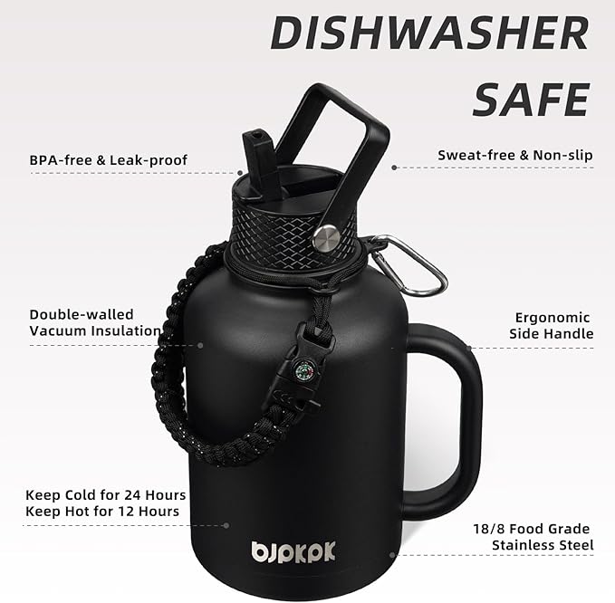 BJPKPK Large Insulated Water Bottles with Straw Lid & Handle, 50oz Water Bottle with 3 Lids and Paracord Strap, Stainless Steel Metal Water Bottle, Insulated Water Jug, Black