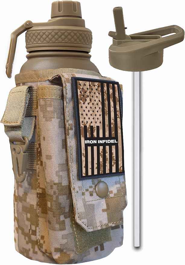 Iron Infidel Battle Bottle - 32 Oz Insulated Water Bottle with Straw Lid & Chug Cap, Stainless Steel Metal Tactical Flask With Rugged, Removable Sleeve for Keys & Phone or Wallet (MARPAT 1 Liter)