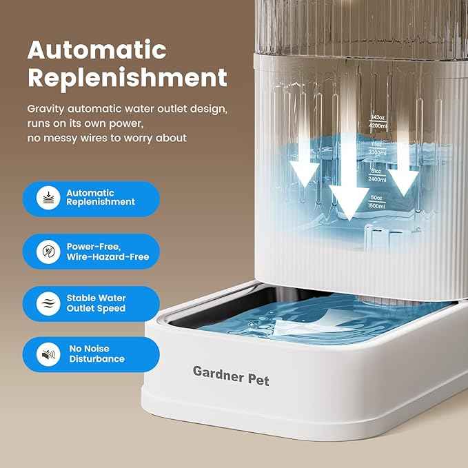 Gardner Pet 2.2 Gallon Automatic Dog Water Bowl Dispenser 8.5L Gravity Water Feeder with Stainless Steel Bowl & Maifan Stone Filter, BPA-Free for for Cats and Dogs (White, 2.2 Gallon)