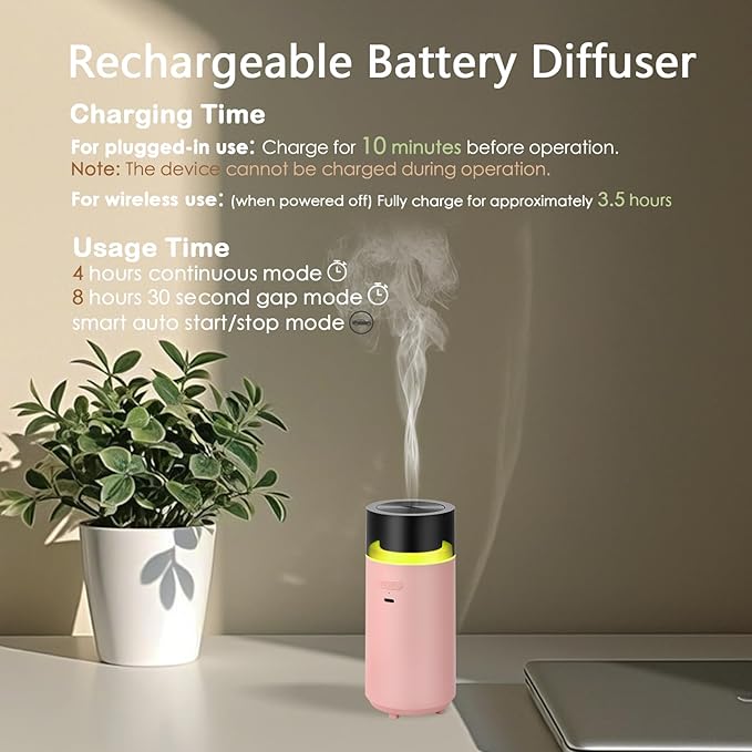Portable Diffuser for Essential Oil,Cordless Cool Mist Aromatherapy Car Diffuser,Built-in 3000mAH Rechargeable Battery,4/8 Timer Modes, Auto On/Off with Car,for Home,Office,Travel(Pink)