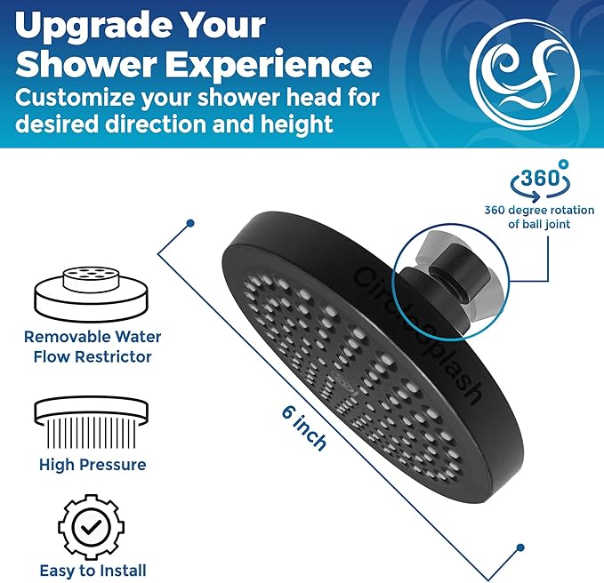 High Pressure Shower Head - Anti-Clogging Silicone Nozzles - 2.5 GPM Removable Restrictor - Easy to Clean Adjustable Replacement - easy to install with Plumbers Tape - 6 inch - Matte Black Finish - AquaVibe