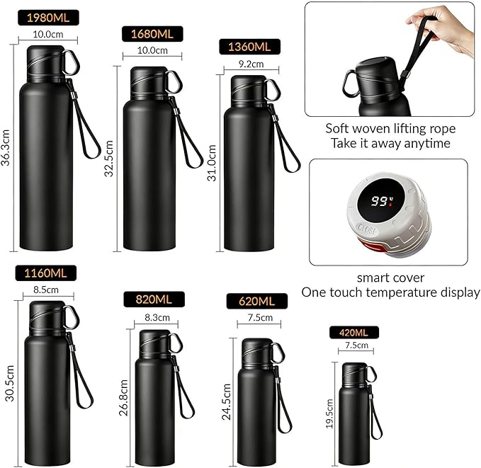 Double wall vacuum Leakproof stainless steel wide mouth insulated water bottle;tea tumbler with infuser,cup,lid;smart thermoses hot drinks;thermal flask ice coffee with led digital temperature display