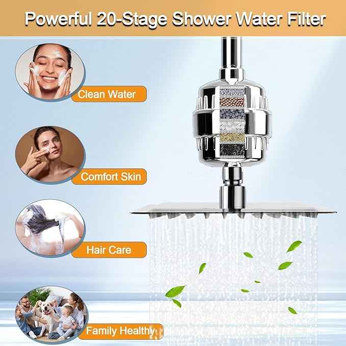Filtered Rain Shower Head, High Pressure 8″Square, and All Metal Handheld Spray Combo with Stainless Steel Hose, Replacement 20 Stage Shower Filter for Hard Water, Chrome