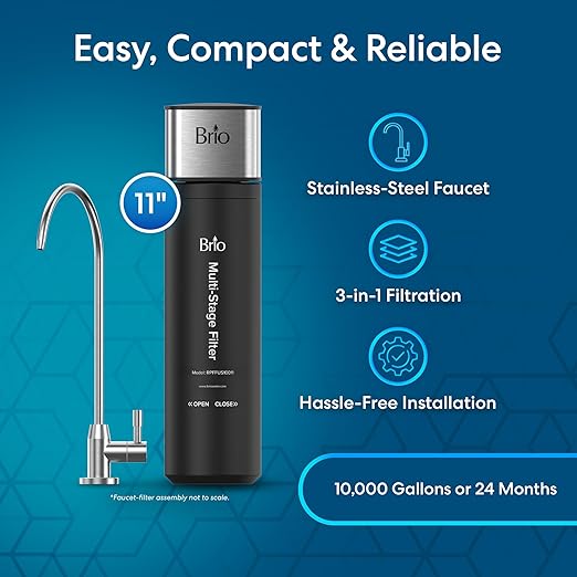 Brio 11" Undersink Water Filtration System for Sink Faucet Drinking Water | 3 Stage Single Housing Filter (0.5 Micron) with Faucet | 10,000 Gallons or 2 Years | Filters Dirt, Chlorine, Lead, Mercury+
