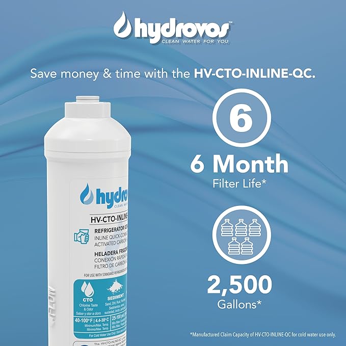 HYDROVOS Inline Water Filter for Refrigerator, Ice Maker, Reverse Osmosis System, 1/4" Push-In Quick Connect, 10" Carbon Water Filter Reduces Chlorine Taste & Odor for Drinking Water, RV Water Use
