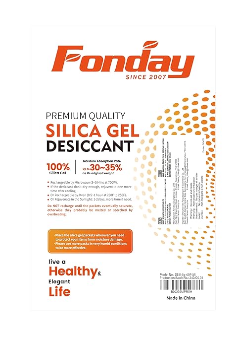5Gram 60Packets Fonday Rechargeable Silica Gel Desiccant Packets Food Grade Fast Reactivate Desiccant Bags Moisture Indicating Orange to Green
