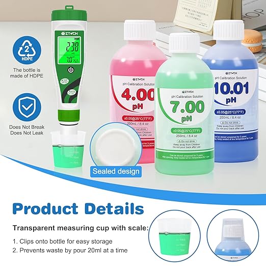 pH EC PPM Monitor for Water Hydroponic with pH Calibration Solution, 6 in 1 pH EC TDS Continuous Monitor with 250ml pH 4.0+7.0+10.0 Calibration and Probe Cleaning Solution for Water, Pool