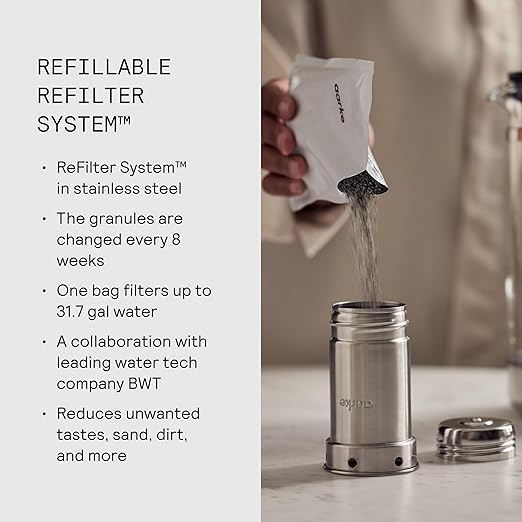 Aarke Purifier Large Glass Pitcher Bundle w/Steel Filter, BPA-Free, 4 Pure Refill Granules - Filters Heavy Metals, 2.8L Pitcher with 1.66L Filtration Capacity