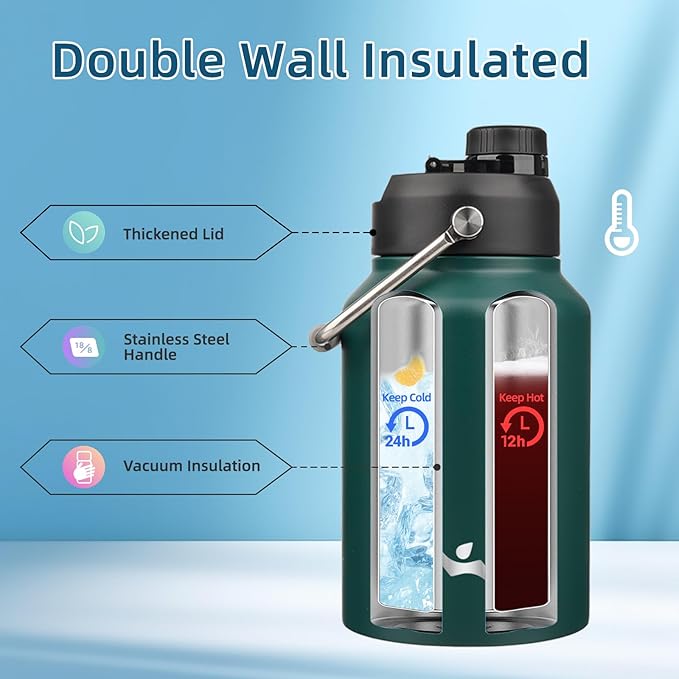 Half Gallon Jug with Handle,64 oz Insulated Water Bottle with Carrying Pouch,Double Wall Vacuum Stainless Steel Metal Bottle,Dark Green