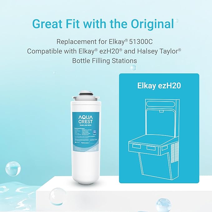 AQUA CREST Replacement Filter for Elkay® 51300C, [No CHIP] Compatible with Elkay® ezH20® and Halsey Taylor® Bottle Filling Stations, NSF/ANSI 42, Reduces Chlorine, Bad Taste & Odor, 3 Packs