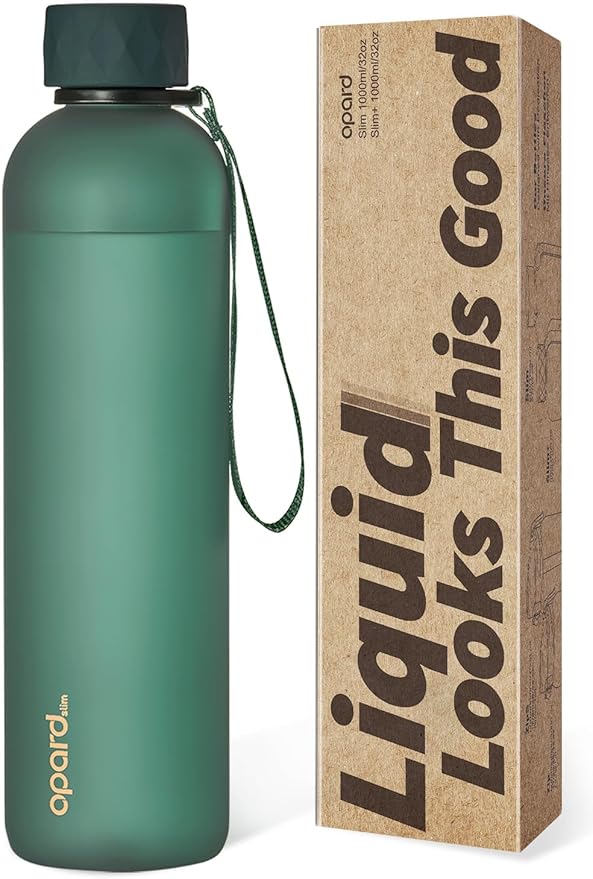 Opard Slim Pro Water Bottle 32oz, Plastic Water Bottle BPA-Free, Facetted Rubberized Grip-Texture Monocap, Leakproof Screw Top, Forest Green, Reusable for Travel School Sport Gym Hiking