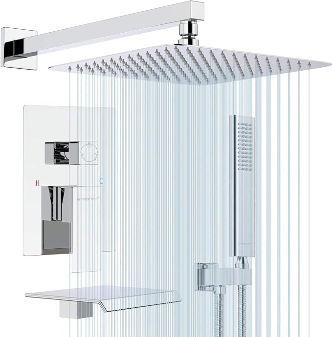 EMBATHER Shower System with Tub Spout, 10 Inches Tub Shower Faucet Set For Bathroom, High Pressure Rain Shower with Handheld Spray, Chrome (Contain Shower Valve and Trim kit)