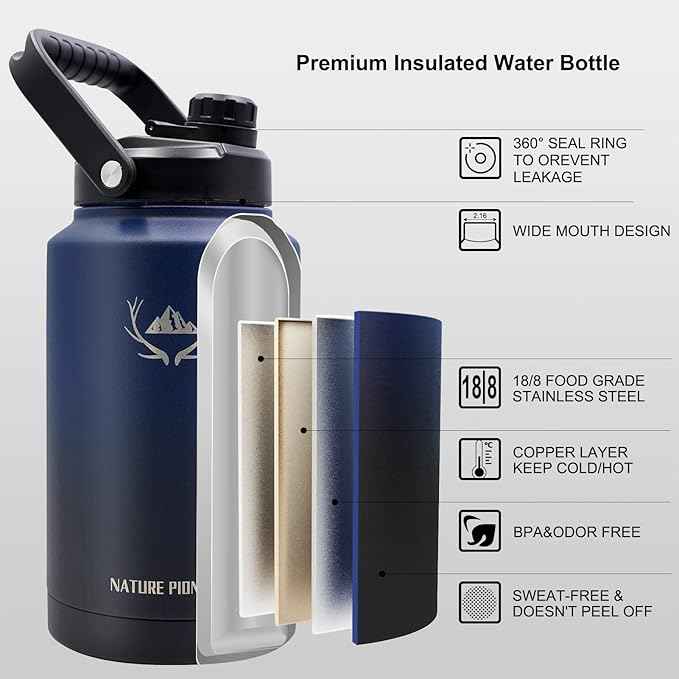 NATURE PIONEOR 1 Gallon Insulated Water Bottle - Double Vacuum Stainless Steel 128 oz Water Bottle with Holder/Carrier, Wide Mouth 1 gallon Water Jug for Outdoor Sports, Hiking, Camping, Gym