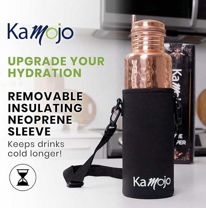 Copper Water Bottle for Drinking - Hammered Pure Copper Tumbler Cup with Leak Proof Lid, Removable Insulating Sleeve & Straw - Handcrafted Ayurvedic Cup for Water 32 fl oz