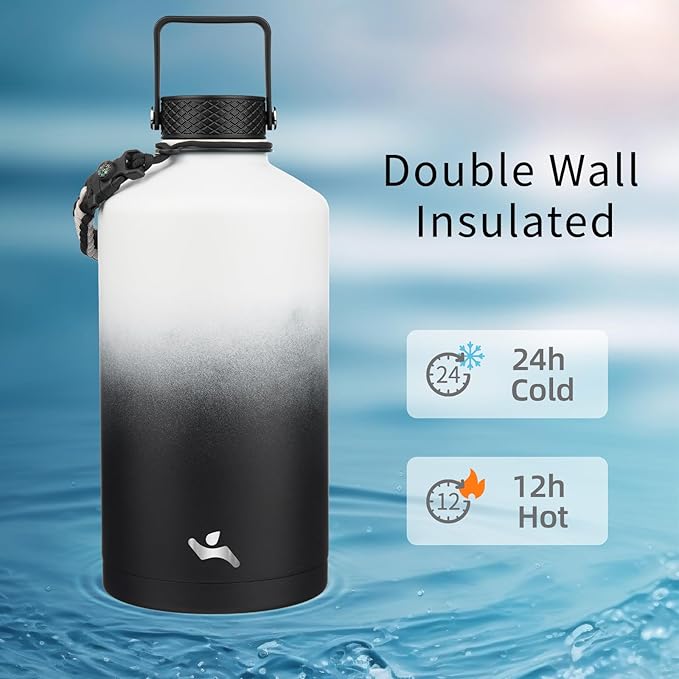 Gallon Insulated Water Bottle with Straw,128 oz 3 Lids Water Jug with Carrying Bag,Paracord Handle, Double Wall Vacuum Stainless Steel Metal Flask,Day Night