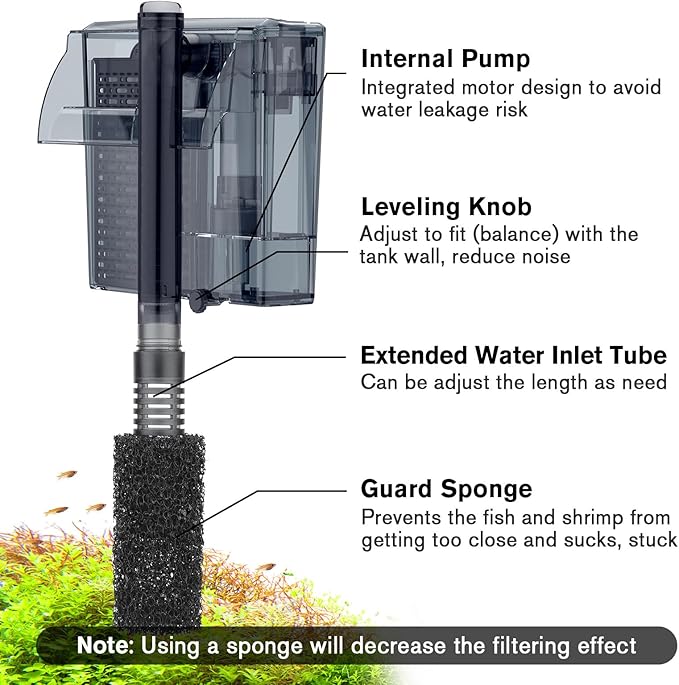 hygger Aquarium HOB Filter 210 GPH for 20-40 Gallon Fish Tank Power Filter with Adjustable Water Flow Extendable Intake Tube External Hang-On Back Filter
