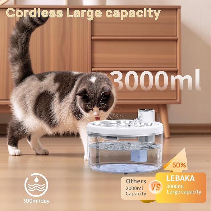 Wireless Cat Water Fountain with Stainless Steel Tray, 102oz/3L Pet Water Fountain for Cats Inside, Cat Fountain for Drinking with Motion Sensor, Ultra Quiet Pump (White, 102oz+8Filters)