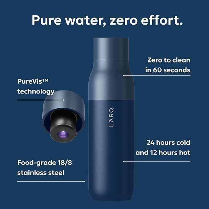 LARQ Bottle PureVis 17 oz - Self-Cleaning and Insulated Stainless Steel Water Bottle with UV Water Purifier and Award-winning Design | Reusable & Travel Friendly, Monaco Blue