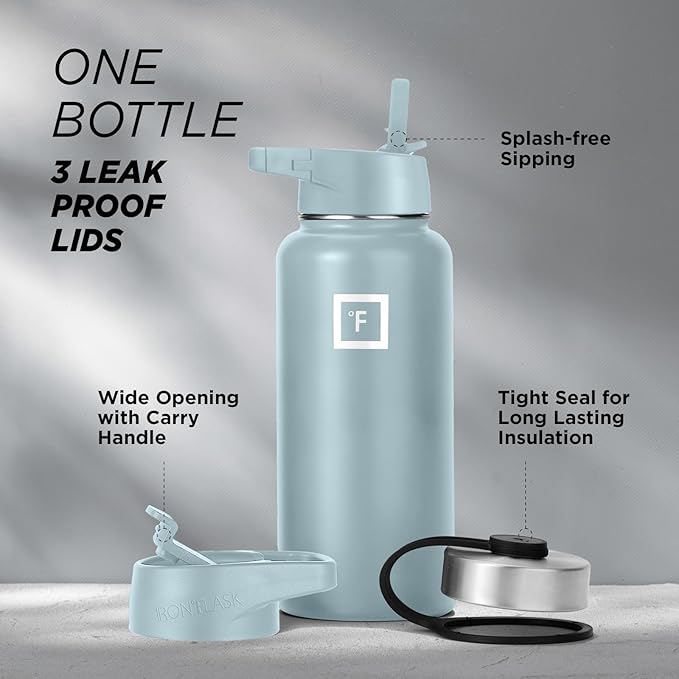 IRON °FLASK Camping & Hiking Hydration Flask with 3 Lids - Stainless Steel, Double Walled & Vacuum Insulated Water Bottle - Leak Proof & BPA Free 32 Oz