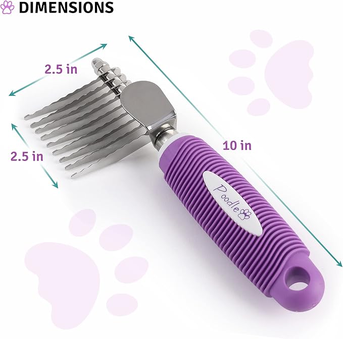 Poodle Dematting Fur Rake Comb Brush for Dogs and Cats - Long 2.5" Steel Safety Blades Metal Comb for Detangling Matted or Knotted Undercoat Hair - AquaVibe
