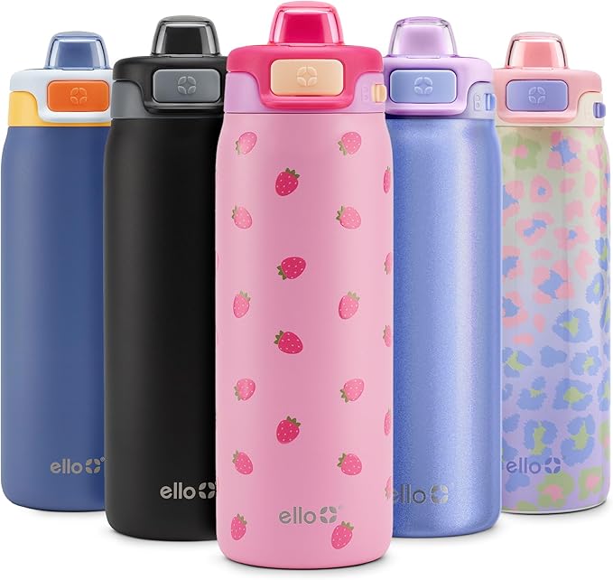 Ello Pop & Fill 18oz Stainless Steel Kids Water Bottle with Quick Fill Lid | Vacuum Insulated BPA Free Bottle with Leak Proof Straw and Chug Lid, Dishwasher Safe, Gift For Kids Teens, Strawberries