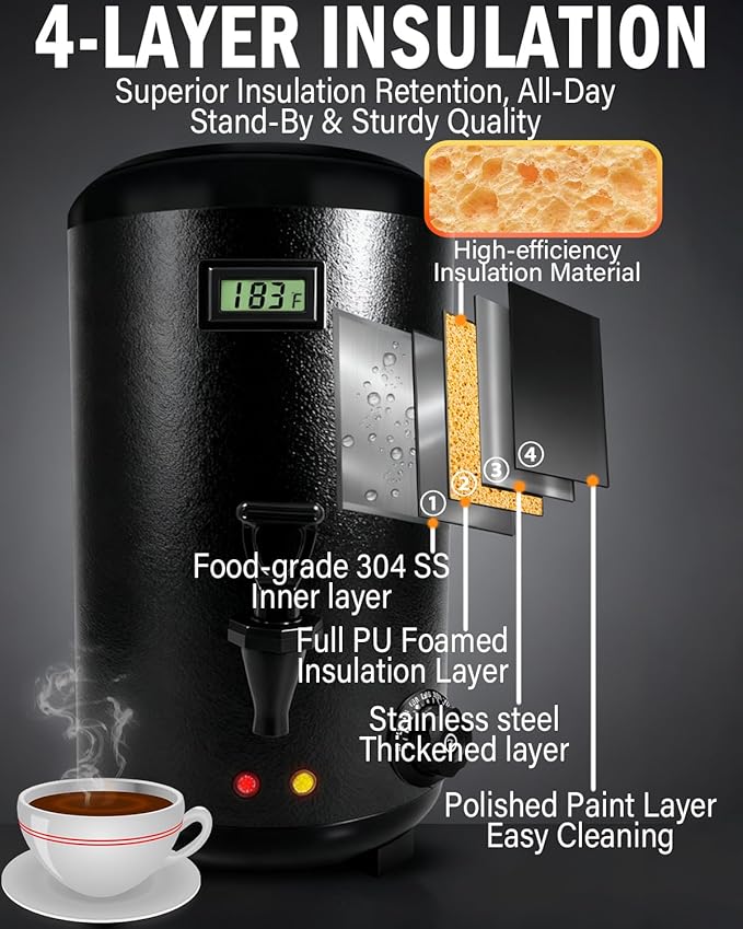 Electric Insulated Beverage Dispenser With Heating – 75 Cup Hot & Cold Drink Water Urn with Spigot – 12 L / 3.2 Gallon Stainless Steel Hot Coffee & Tea Drink Dispenser for Catering, Juice, Milk, Black