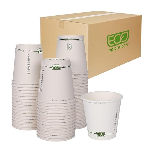 ECO PRODUCTS Compostable Disposable GreenStripe 10oz Coffee Cups, Case of 1000, White Single Wall Hot Paper Cup, Plant Based PLA Lining, Biodegradable