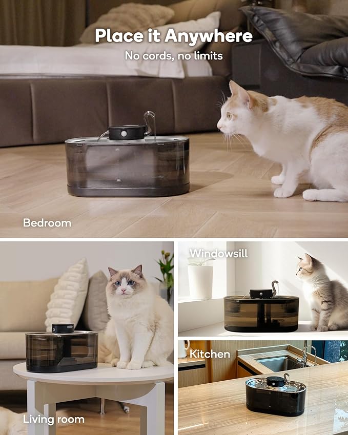 Cat Water Fountain Cordless, 108oz/3.2L Wireless Cat Fountains for Drinking, Pet Water Fountains for Cats Indoor, Automatic Cat Water Dispenser Battery Operated Rechargeable, Stainless Steel Black