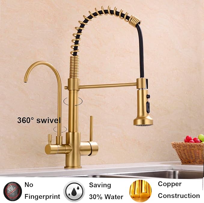 Commercial 3 in 1 Spring Brushed Gold Kitchen Faucet, High Arc Single Hole Pull Down Sprayer Kitchen Sink Faucet, RO System Water Filter Faucet Integrated into Kitchen Faucet