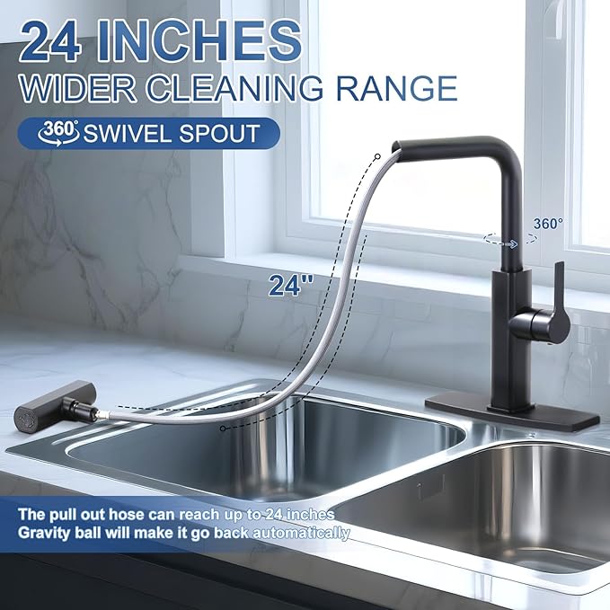 Kitchen Faucet with Pull Down Sprayer: ALEASHA Waterfall Kitchen Faucet with 3 Function Pullout Sprayer, Brass Core Single Handle Faucet, 360°Rotatable Black Single Hole Sink Faucets for Modern
