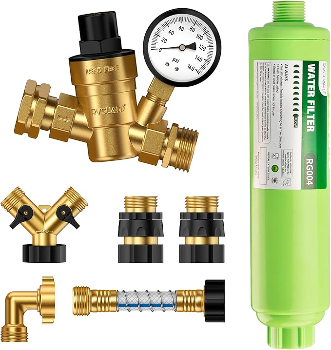 RVGUARD RV Water Pressure Regulator Kit, Inline Water Filter, Hose Splitter, Flexible Connector, Hose Quick Connect, Complete Kit for Fresh Water Hook Up