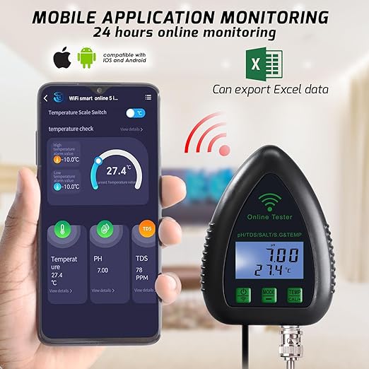 5 in 1 pH TDS SG Temp Salinity Tester Datalogger Water Quality Tester for Aquarium Aquaculture Pond etc Smart Remote Monitoring