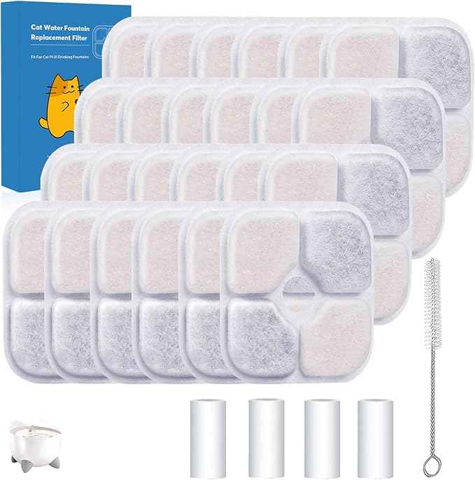 24-Pack Cat Water Fountain Filter Compatible With Catit Pixi Water Fountain Filter Replacement Triple Action Water Filter, 4 Pump Tubes 1 Hard Brush