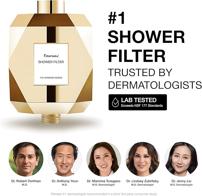 Filterbaby Diamond Shower Filter, IAPMO Certified to NSF177 Standard, Expert Developed Filter for Skin&Hair, Lab Tested to Reduce up to 99%Chlorine,Chloramine&Impurities,Eco Friendly Long Lasting,Gold