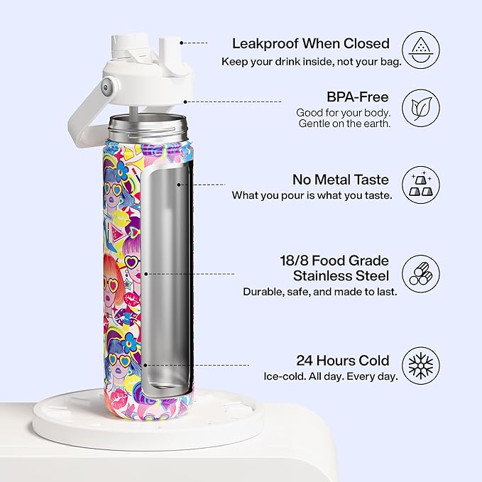 ENCOOL Insulated Water Bottle with Straw Stainless Steel Water Bottle, Leak-Proof, BPA-Free, Double Wall Vacuum Keeps Cold for 24 Hours for Sports, Travel, School (26 oz, Vivid Icon)